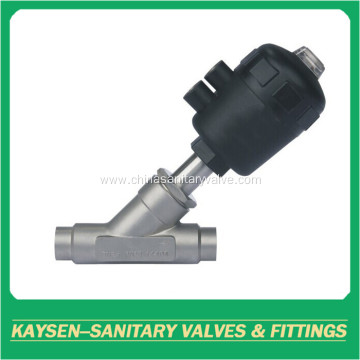 Sanitary welded plastic pneumatic angle seat valve